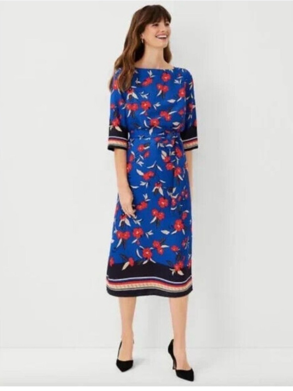 Ann Taylor Blue Floral Midi Dress with Red Blossoms